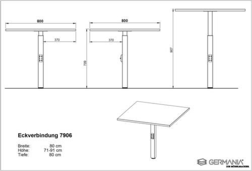 Eckiges Verkettungselement GW-MAILAND 7906 mit Stützfuß, Breite x Tiefe 800 x 800 mm, Platte weiß Technische Zeichnung 1 L