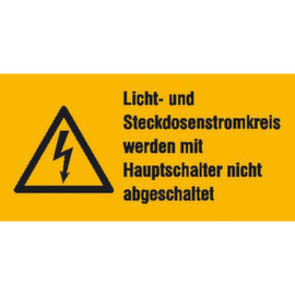 Warnkombischild SafetyMarking® "Licht- und Steckdosenstromkreis werden mit Hauptschalter nicht abgeschaltet"