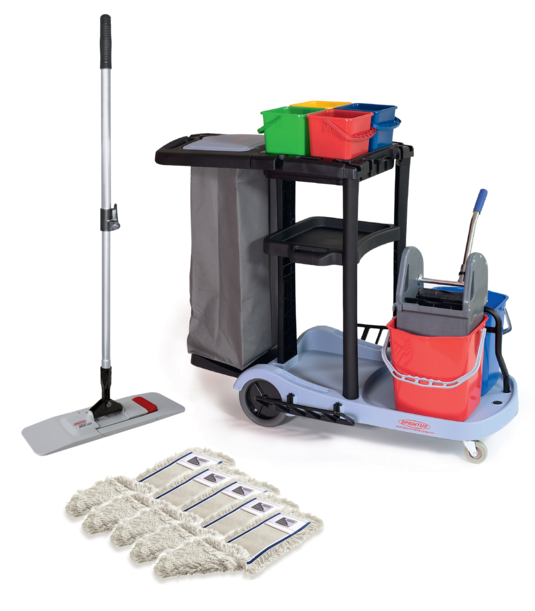 Reinigungswagen-Set mit 5 Breitwischmopps, 4x4 l/2x17 l Eimer in rot/blau/grün/gelb Standard 1 ZOOM