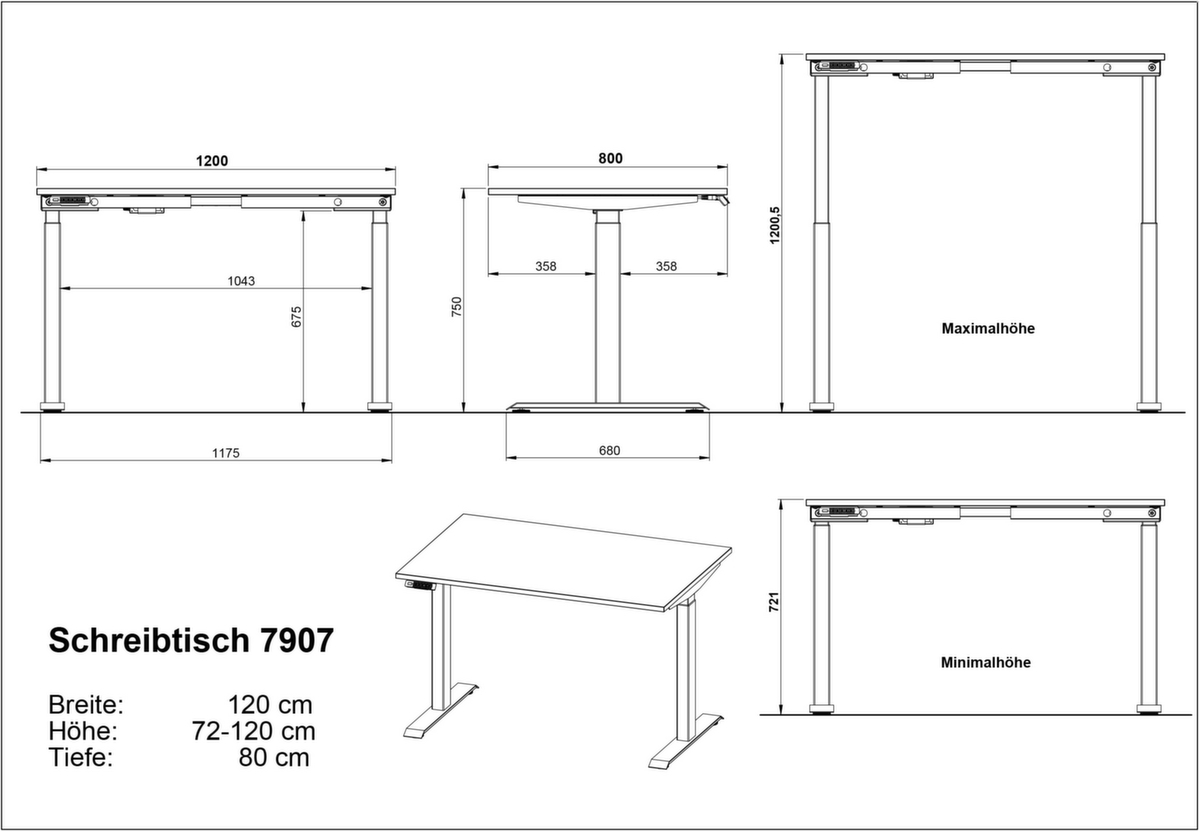 Elektrisch höhenverstellbarer Schreibtisch GW-MAILAND 7907 Technische Zeichnung 1 ZOOM