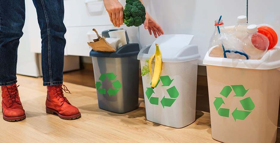 Abfalltrennung im Betrieb mit verschiedenen Recyclingbehältern für den richtigen Umgang mit Abfällen